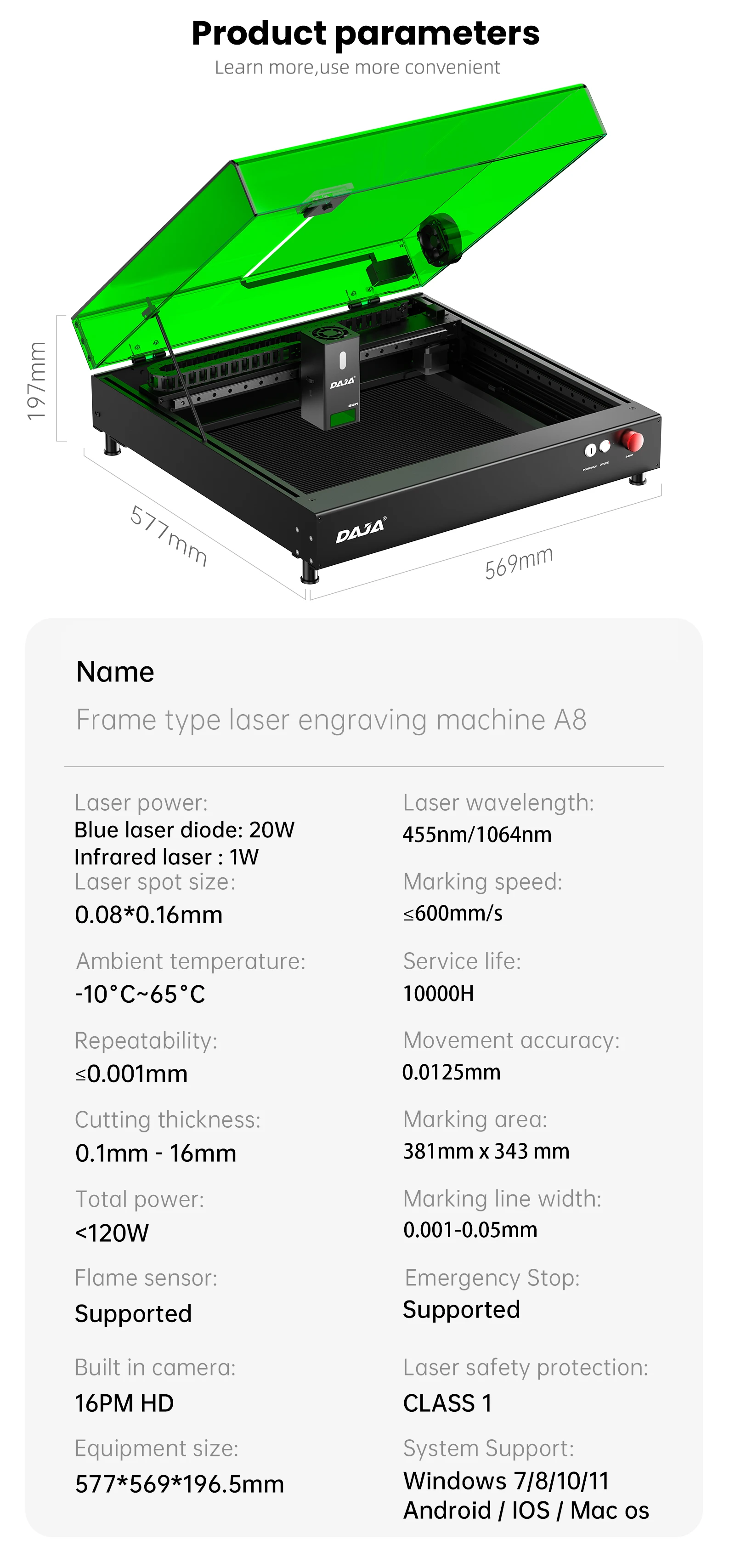 DAJA A8 Laser Cutter Engraver High precision Business Efficient Laser Engraving Machine for Metal Wood Acrylic Glass leather