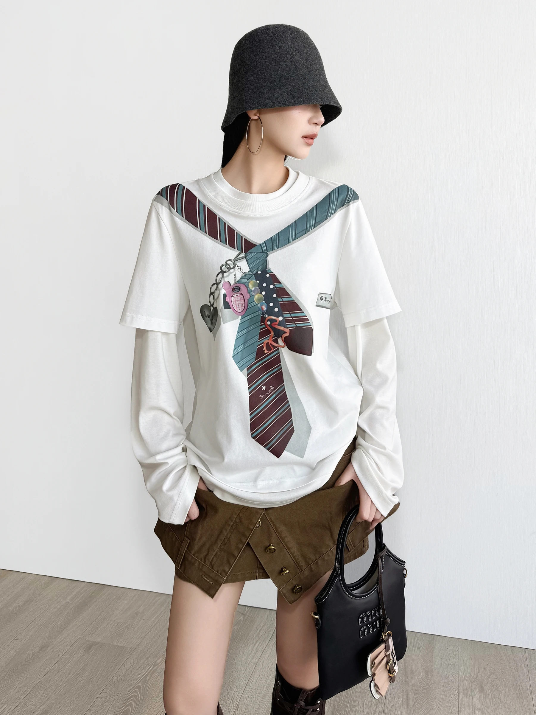 

Футболка NancyCavally Select из шерсти и хлопка с полосатым принтом, свободного кроя, для весеннего сезона, женская, премиум-качество, с длинным рукавом