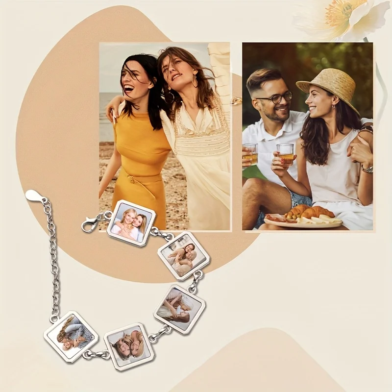 

Модный браслет с фотографией по индивидуальному заказу, квадратный круглый браслет на заказ с 5 фотографиями, подарок для папы, дедушки, мужа, подарок на день отца