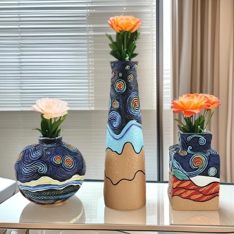 

3pc Art Resin Flower Pot 3D Starry Night Potted Plant Container Flower Vase Starry Night Ornament Crafts Colorful Art Resin Vase