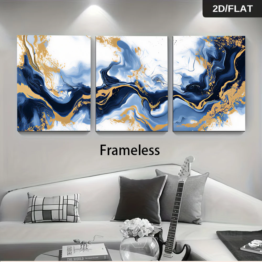 3PCS Large-sized frameless canvas paintings,1 set of modern abstract frameless triptych decorative paintings, blue gold flowing