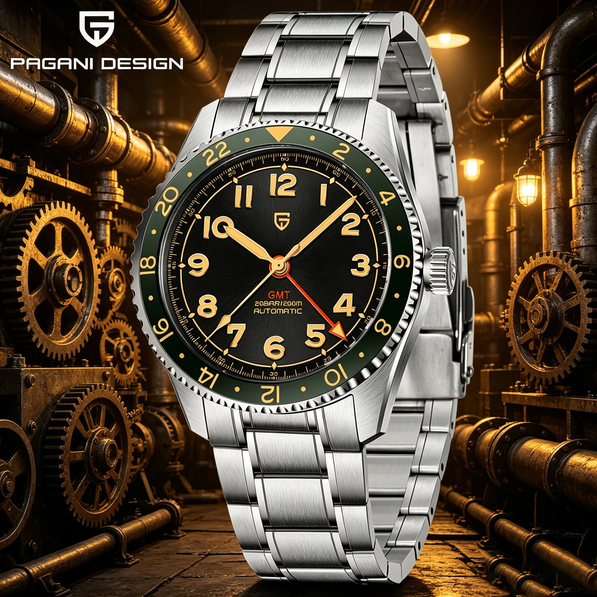 PAGANI DESIGN Neue Herren GMT Automatik-Mechanische Uhr 40MM Luxus Saphir 20Bar Bwg-9 Geschäfts- und Reiseuhr Reloj Hombre