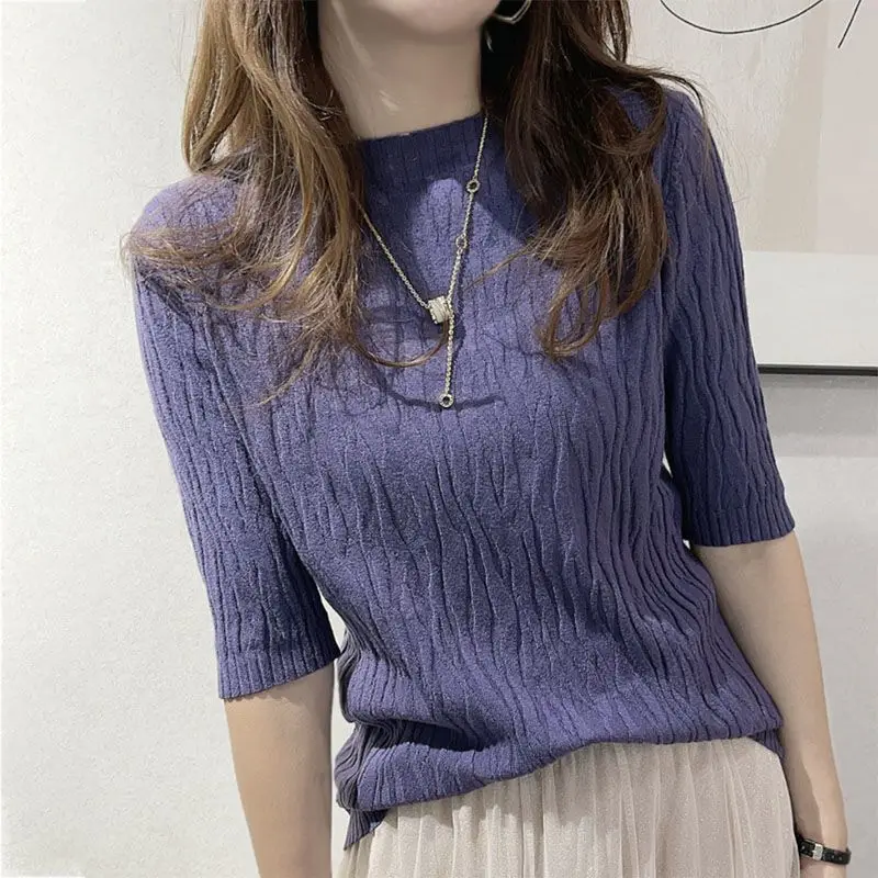 Korean Fashion Folds Solid Color Knitted T-shirt 2023 Casual All-match Short Sleeve Slim Pullovers Tops Summer Women\'s Clothing