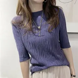 Korean Fashion Folds Solid Color Knitted T-shirt 2023 Casual All-match Short Sleeve Slim Pullovers Tops Summer Women's Clothing