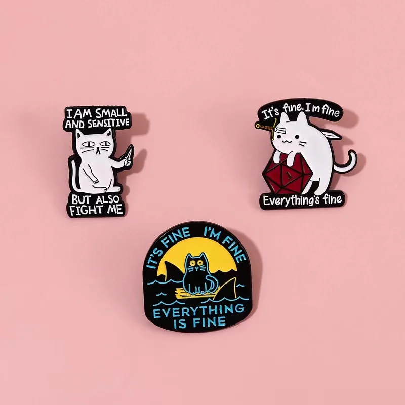 Wholesale It's Fine I'm Fine Enamel Pins Custom Funny Cat Sharks Sword Brooches Lapel Badge Backpack Kitten Animal Jewelry Gifts