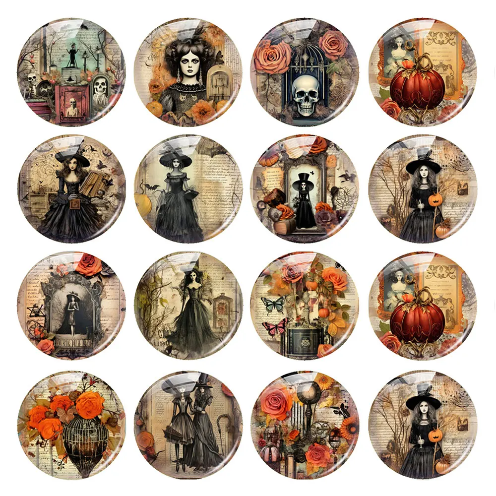 Handmade Halloween Gothic Horror Retro Raven Witch Skull Flower Photo Glass Cabochon Flatback Demo Cameo For Diy Jewelry Making