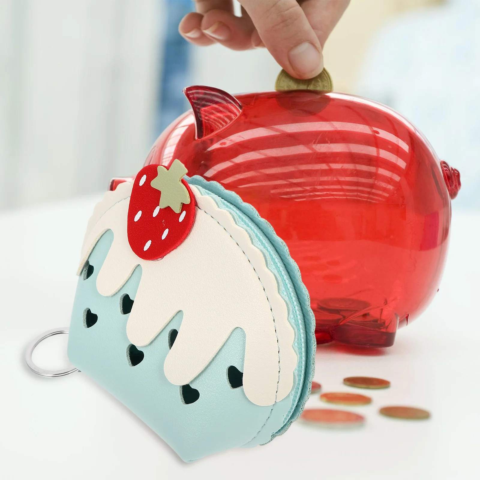 

1pc Mini Coin Purse Strawberry Design Pu Zipper Pouch For Lightweight Change Bag Keychain Wallet Compact Storage