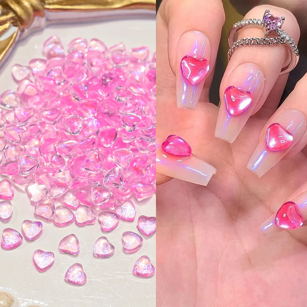 

100pcs 3D Fresh Pink Glitter Heart Nail Art Rhinestones #3/6/8mm Flash Crystal Love Nail Charms for Summer DIY Manicure Decorati