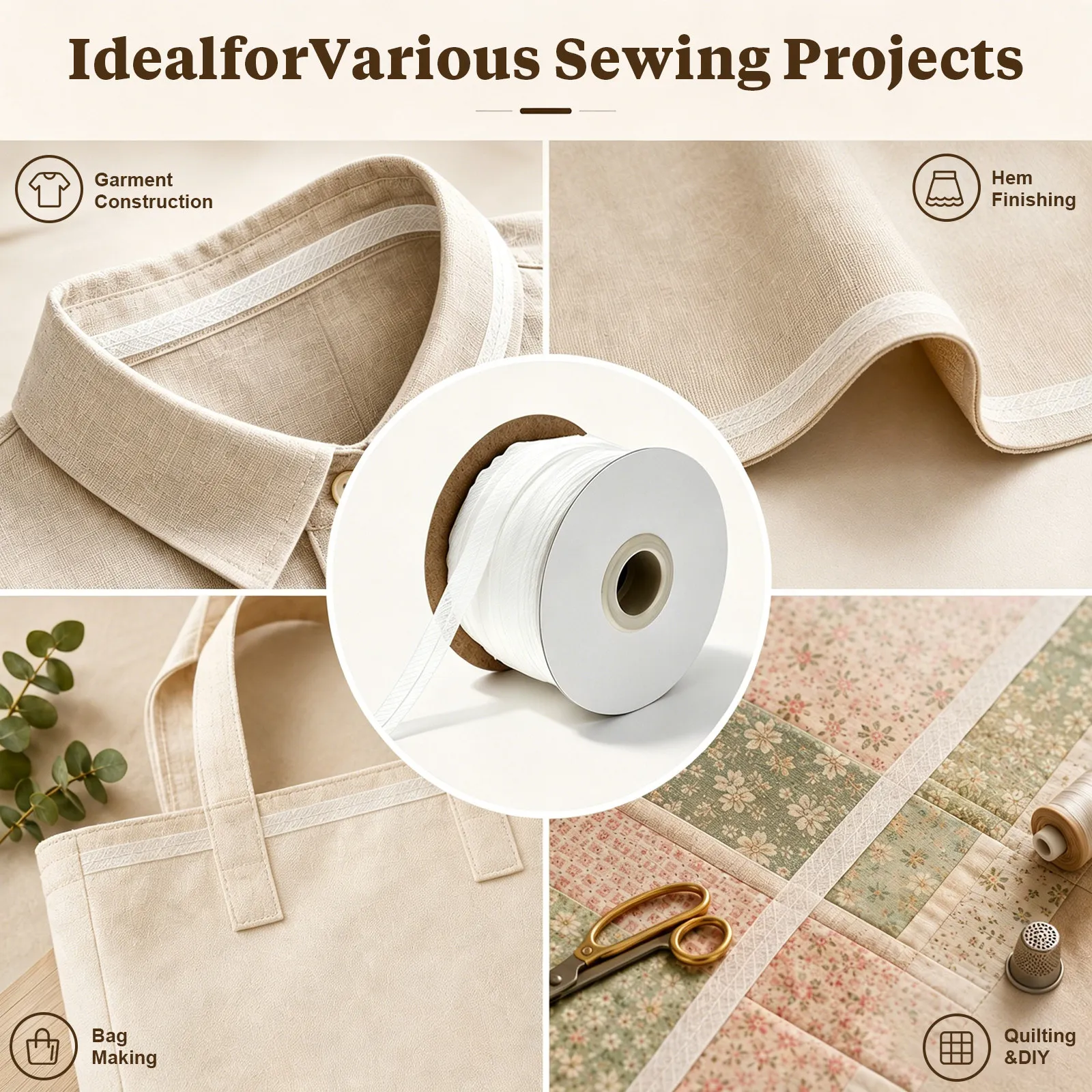 Fusible Interfacing Fabric for Sewing Non-Woven Interlining Roll Iron-on Clothing Lining Strip with Center Line High Durability