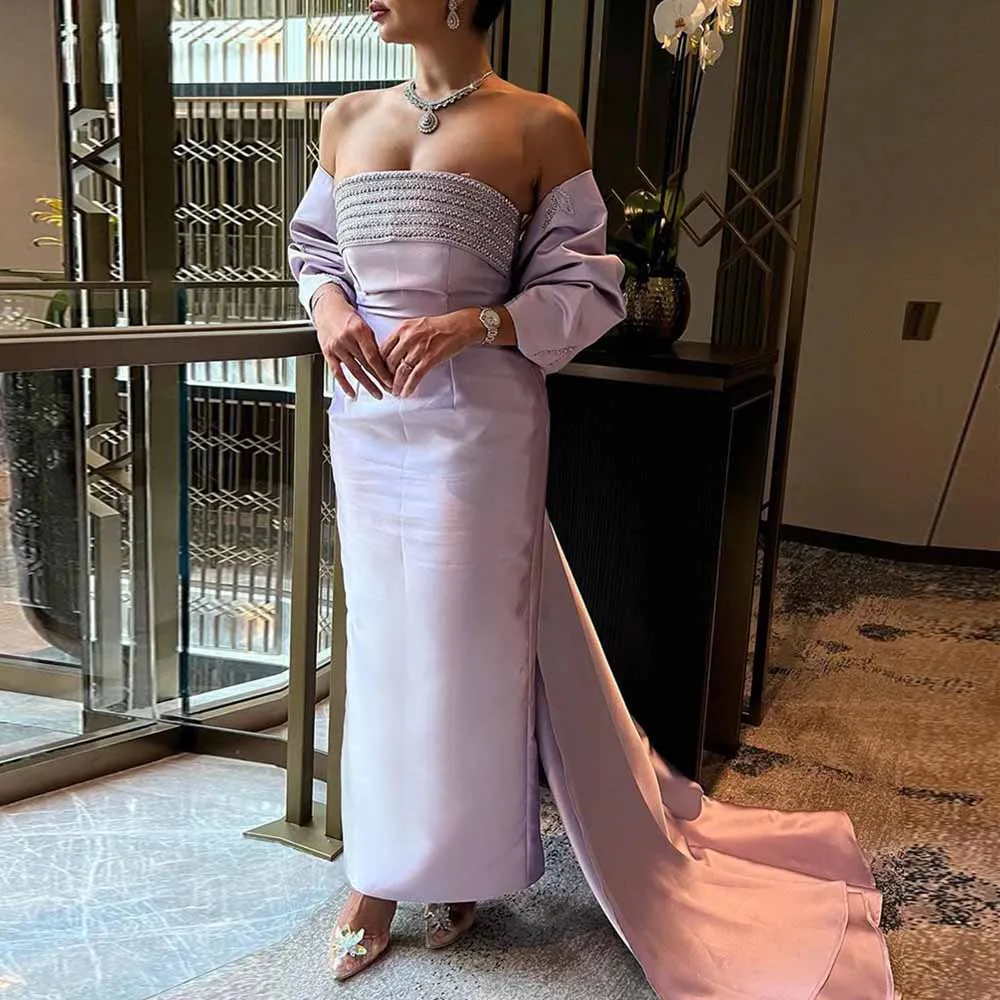 

Dubai Luxury Women's Cocktail Party Gowns Satin Sheath/Column Celebrity Dress Lavender Strapless Beads Bow Party Gown Maxi 2025