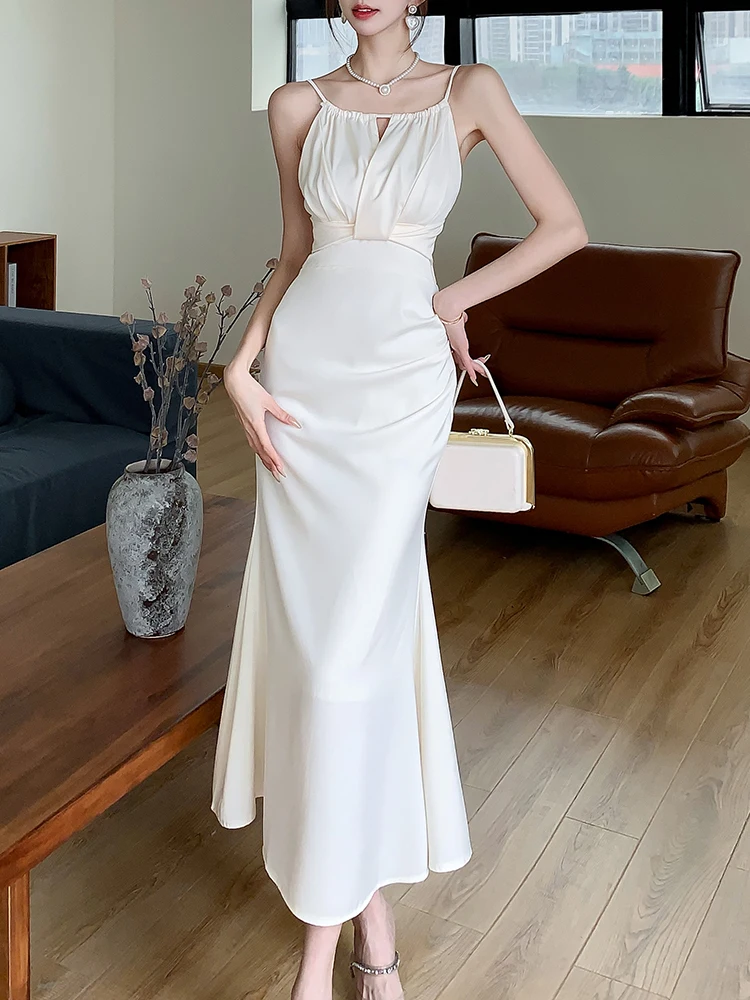 French Style Spaghetti Strap Dress Women Satin Black Dress Elegant Slim High Waist Long Dress Female 2024 New Mermaid Dresses