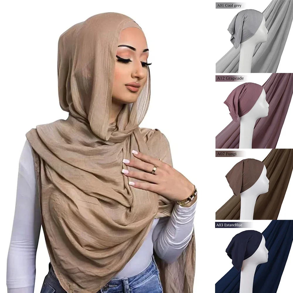 Plain Hijab Sets With Matching Color Cap Soft Light Viscose Rayon Headscarf  High Quality Islam Muslim Set  185x85cm