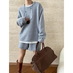 Curled Edge Long Sleeve Knit Sweater And Wide Leg Shorts Fall Winter Two Piece Set Grey Beige Outfit