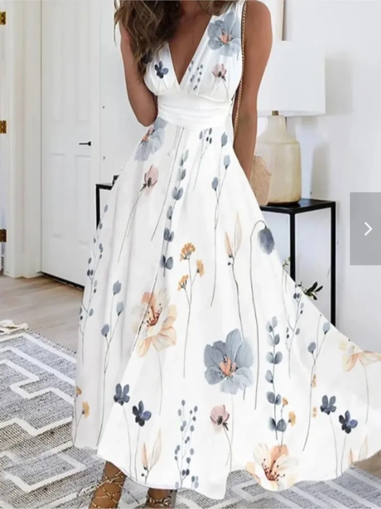 Summer Floral Elegant Party Long Dress For Women 2024 Sexy Deep V Neck Sleeveless Slim White Print Casual Maxi Dresses Robe