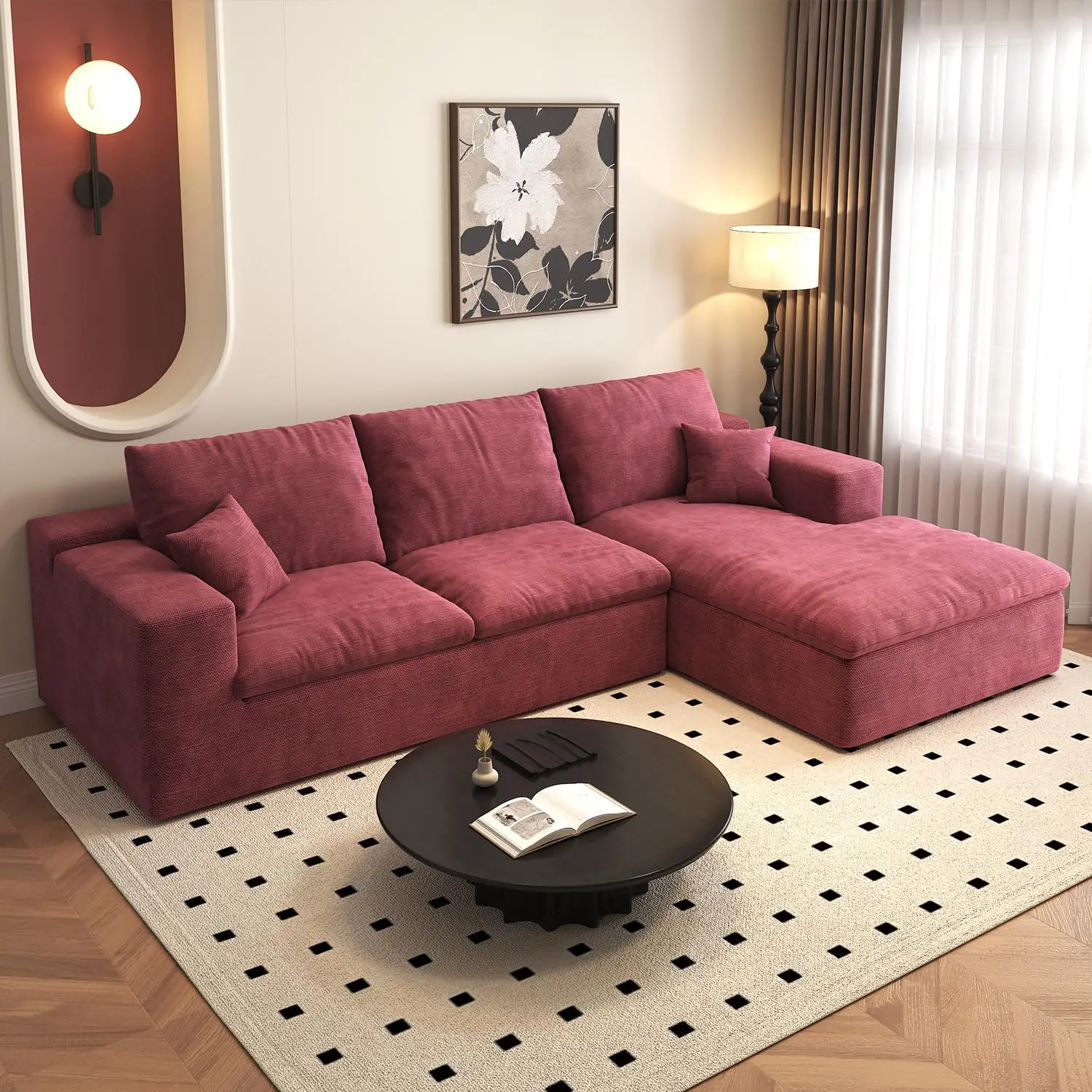 107'' L-Shape Modular Sectional Chenille Deep Seat Sofa with Pillows for Living Room Bedroom Apartment Wine Red, Customized