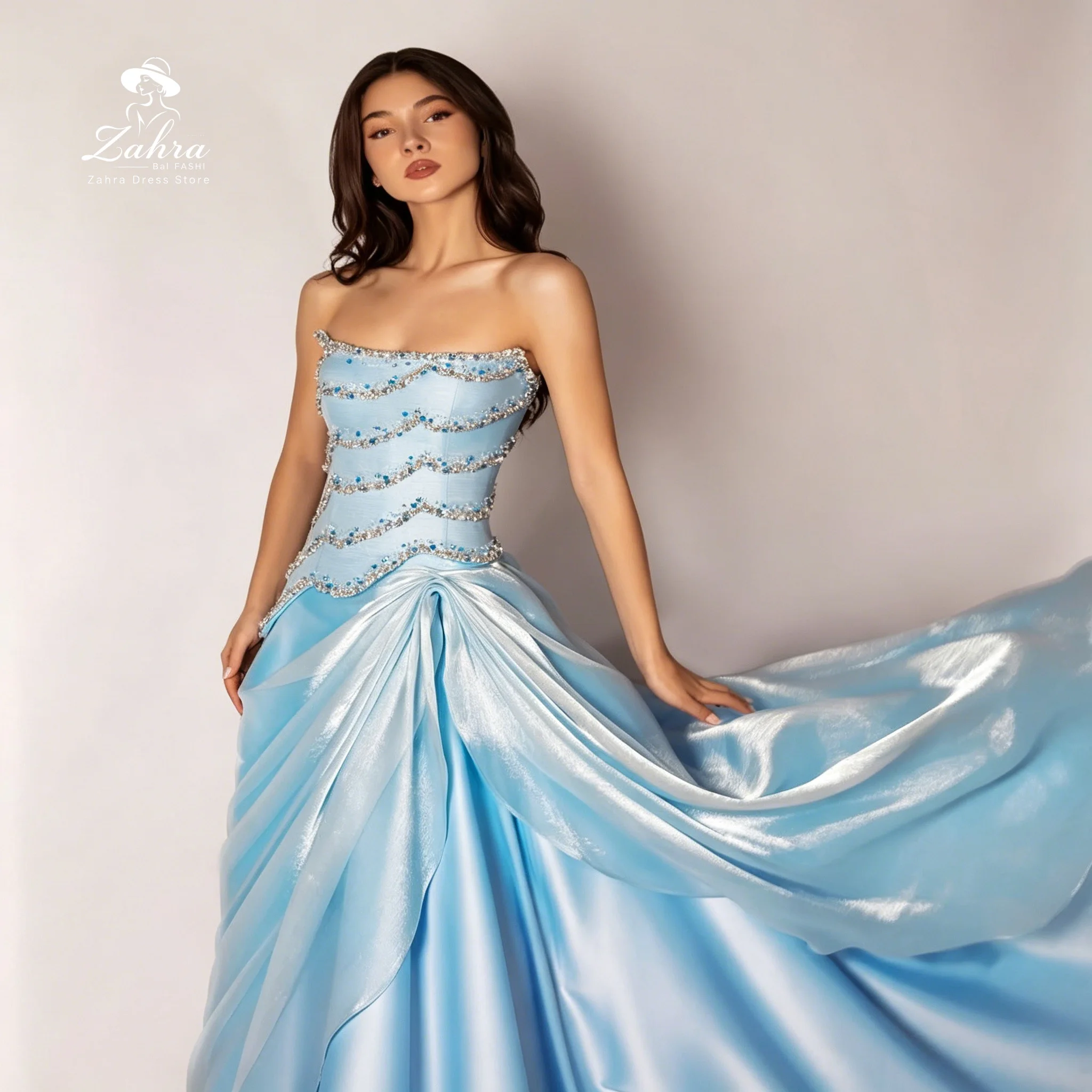 

Women's Formal Evening Gowns Sky Blue Strapless Rhinestone Organza Satin A Line Evening Dresses Elegant Party Dresses Wedding Dr