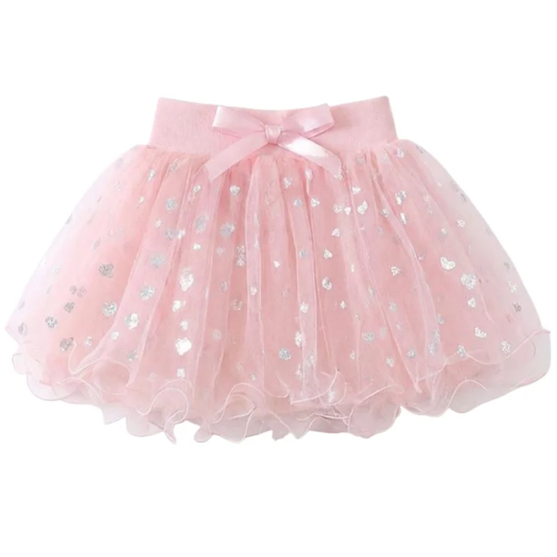 1‑6Y Little Girls Fluffy Layered Tutu Skirt Sweet Bow Holographic Heart‑Print Elastic Waist Summer Daily Birthday Party Skirt
