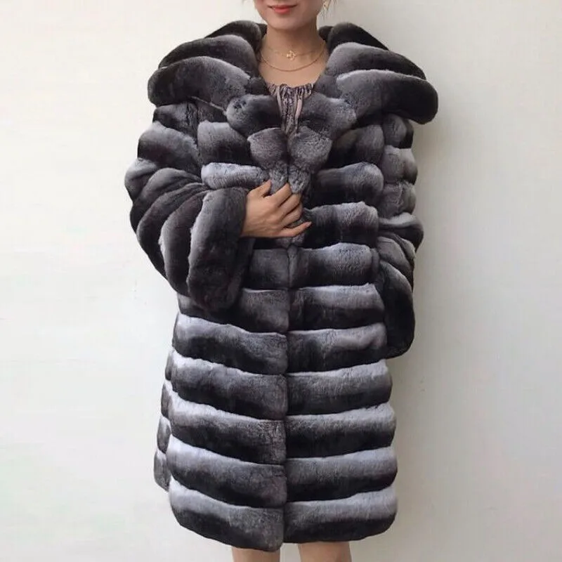 Women Genuine Rex Rabbit Fur Coat Luxury Chinchilla Thick Mid-Length Overcoat Winter Fashion Big Lapel Real Fur Warm Outwear ﻿