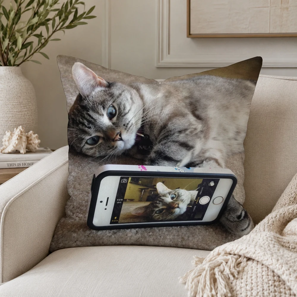 Cute cat holding phone Pillow Case Plush Pillow Cases Home Decoration Pillow Cover for Sofa Bed Chair Living Room