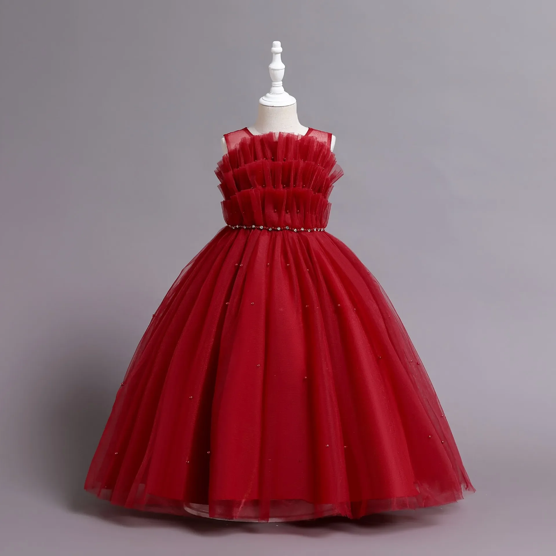 Vestido de Princesa Longo Feminino com Cinto de Pérolas, Roupa Infantil, Vestido de Baile, Elegante, Festa, Casamento, Natal, 3-12Y