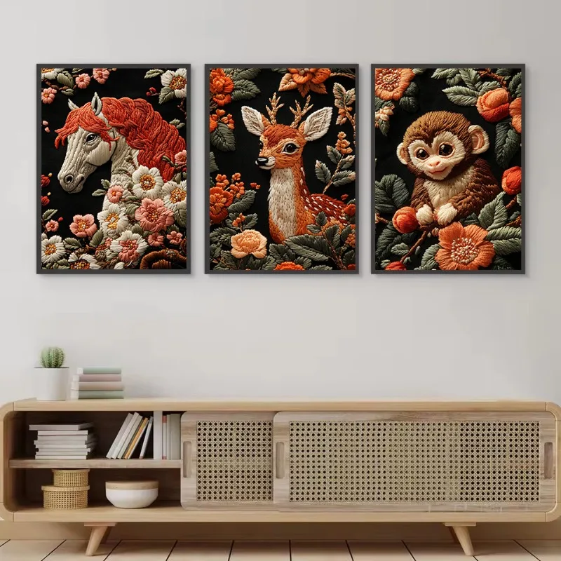 Embroidery Style Art Animals Poster Floral Dragon Koi Fish Tiger Monkey Poster Canvas Painting Wall Pictures Home Interior Decor