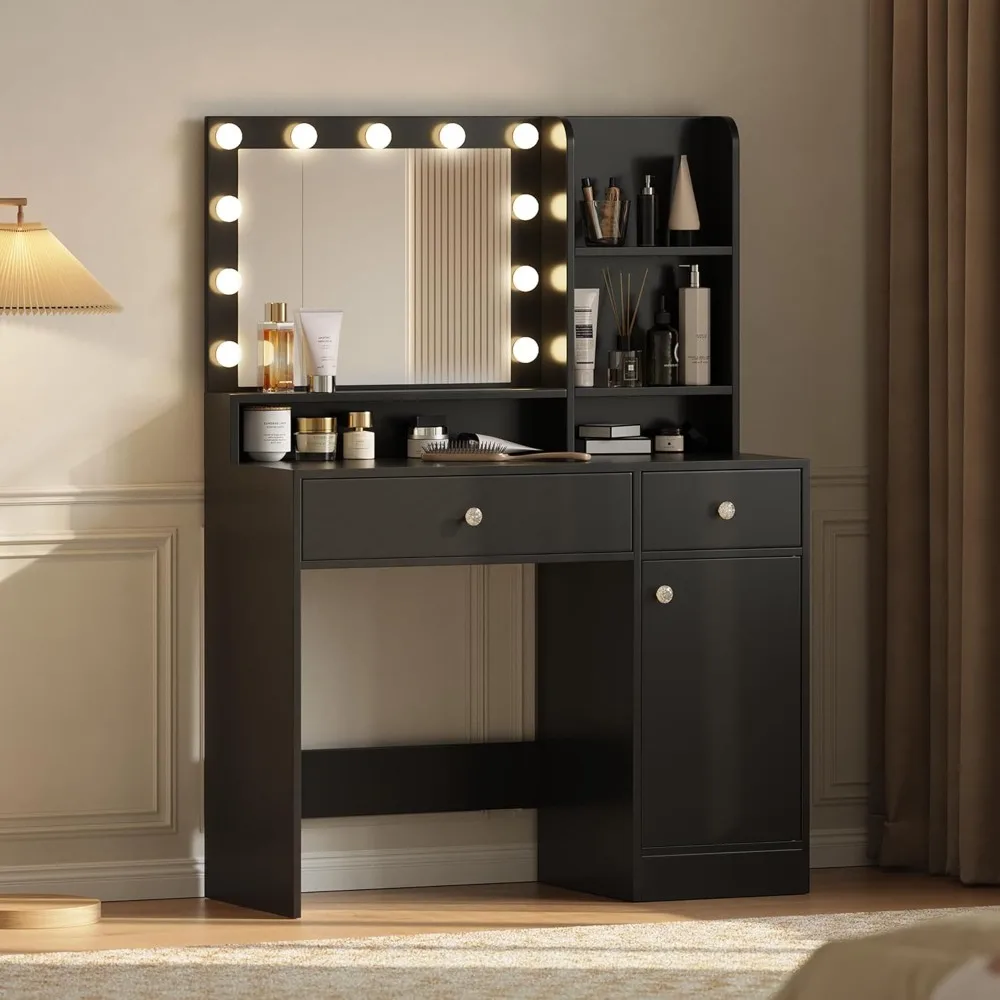

Vanity Desk with Mirror and Lights, Makeup Vanity Table with 3 Drawers & 5 Open Shelves, Adjustable 3 Colors LED Lighted