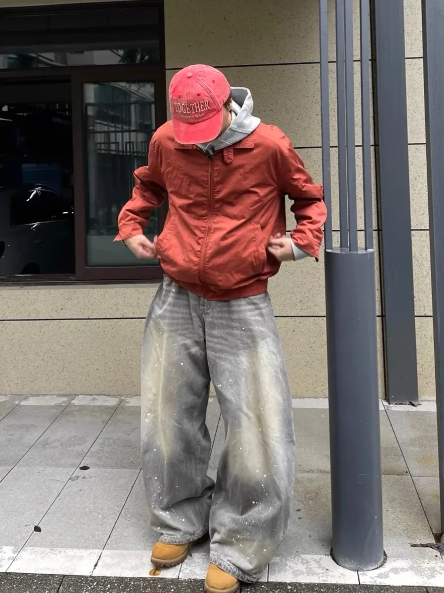 

Retro American Waed ey Splatter Ink Wide Leg Knife Jeans ex Street Sle Loose Casual Long Trousers Trendy