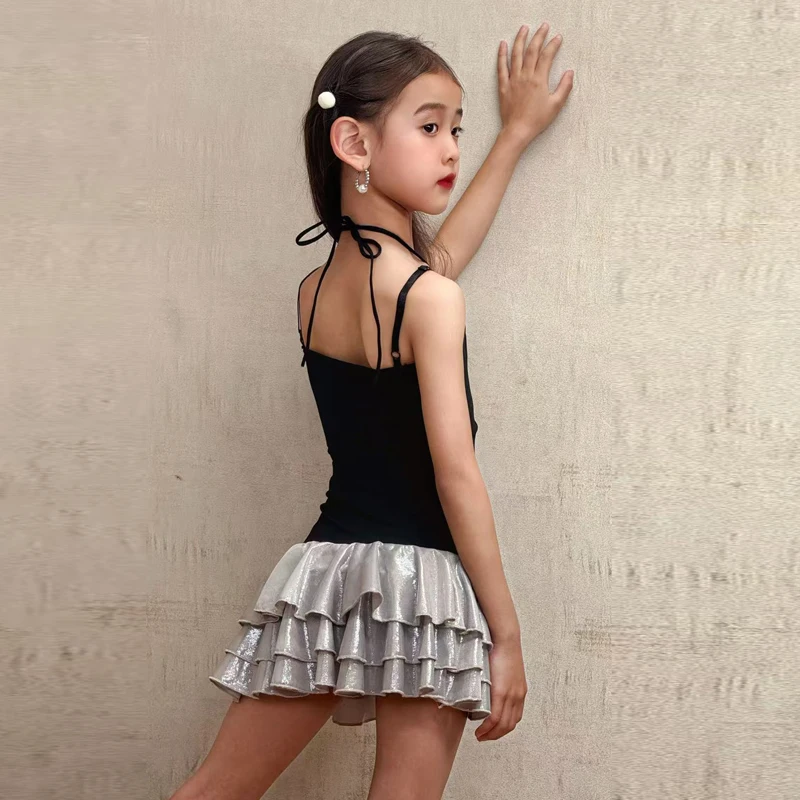 Ensemble de robe noire à trois couches, costume de spectacle de danse latine pour filles, costume de spectacle cha-cha rumba pour enfants, nouvelle collection