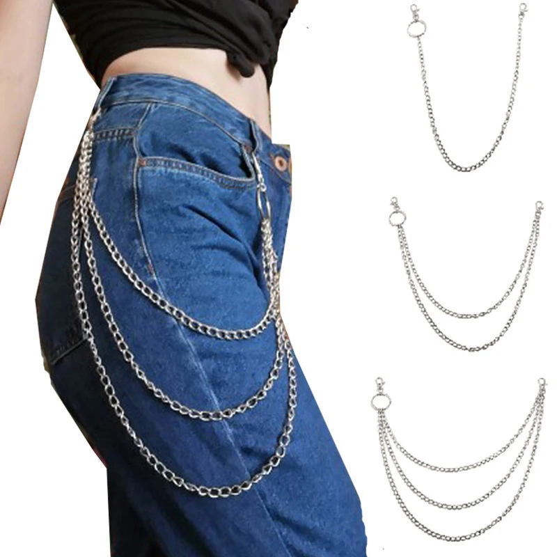 1/2/3 Layer Long Metal Belt Chain Rock Punk Hook Trousers Pant Waist Link Metal Wallet Chain Keychain Ring Clip Keyring HipHop