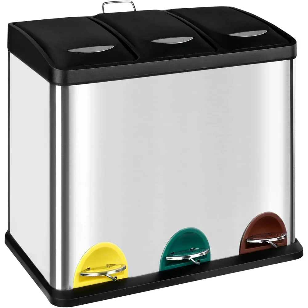 T-LOVENDO.ES Cubo Basura Reciclaje 3 Compartimentos 24L (3x8L) Acero con Pedal Contenedores Separados por Color