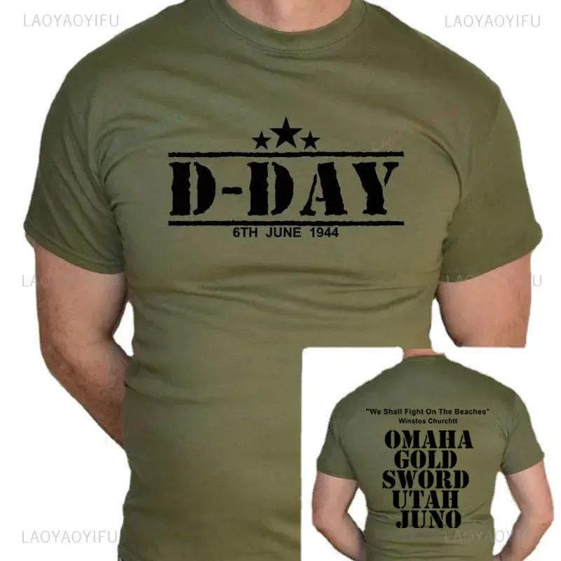 2024 D-DAY 1944 ARMY NORMANDY MILITARY CHURCHILL BEACHES FUN T SHIRT Men Clothing Vintage Printing T Shirts Cotton Male T Shirt