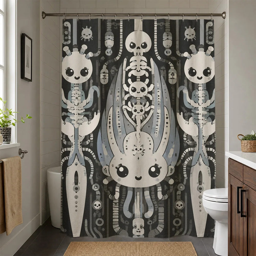 Cute Cartoon Skeleton and Octopus Shower Curtain Funny Halloween Bathroom Decor Novelty Shower Curtain