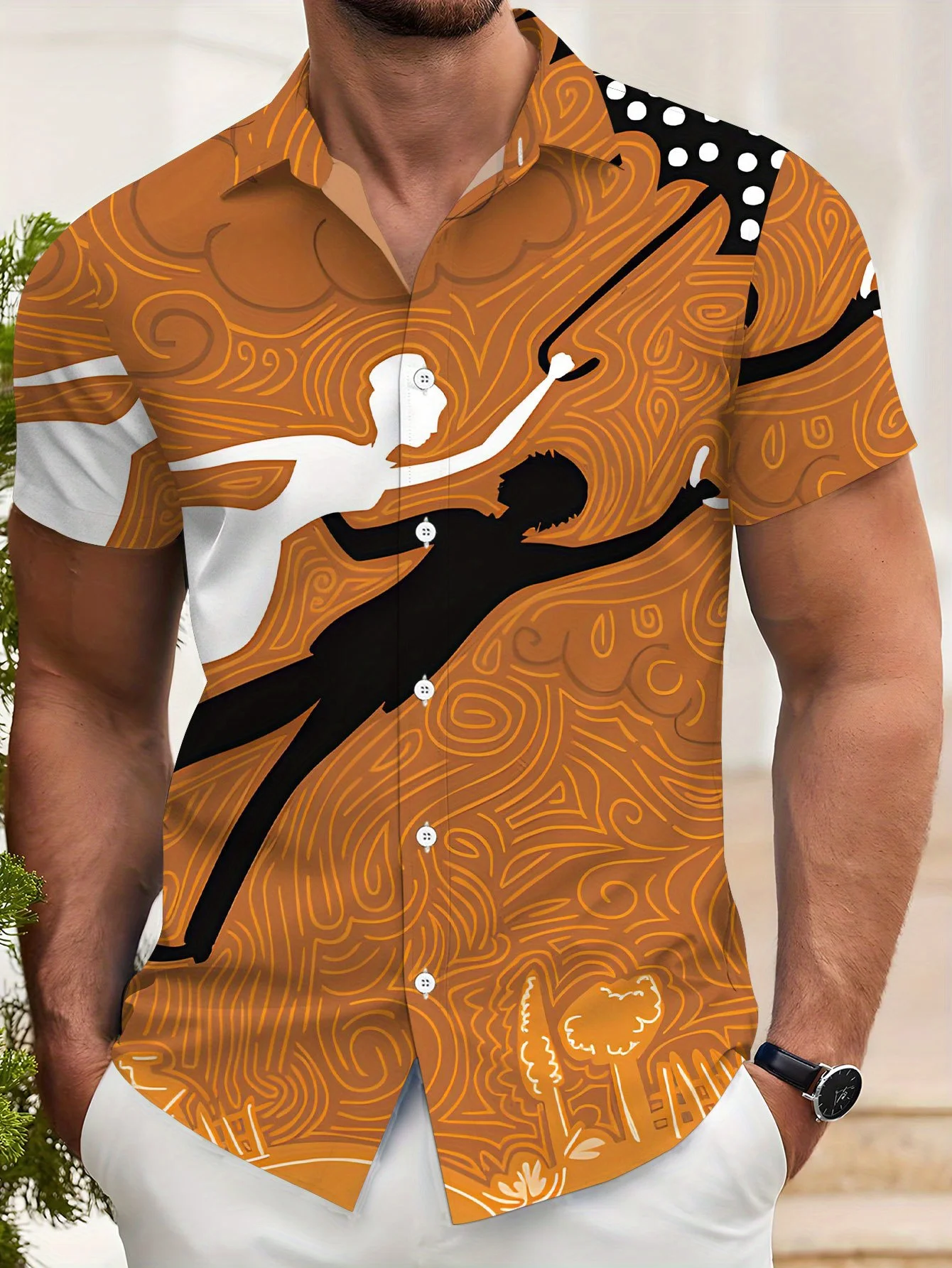 

Men'S Tropical Floral Print Short Sleeve Shirt - Brown Casual Summer Beachwear with Pink Flamingo, Palm Trees & Sun Design,
