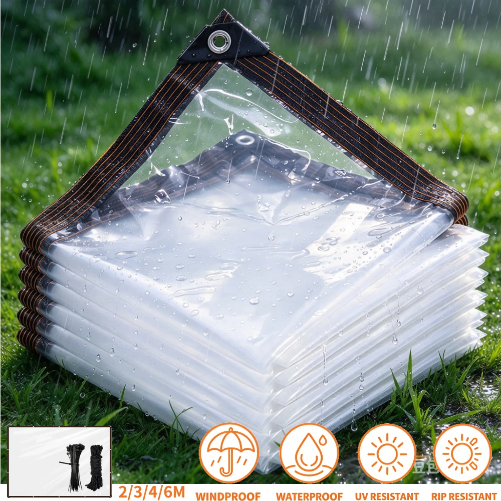 Clear PE Waterproof Tarpaulin Thick Transparent Plastic Sheet Reinforced Edge Outdoor Patio Sunroom Rain Dust Cover