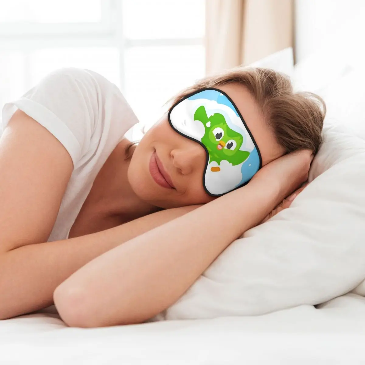 Grappig D-Duolingos Zacht Oogmasker Dubbelzijdig Mooi Groen De Uil Cartoon Anime Blinddoeken Creatieve Blokkeren Lichte Ooglapje