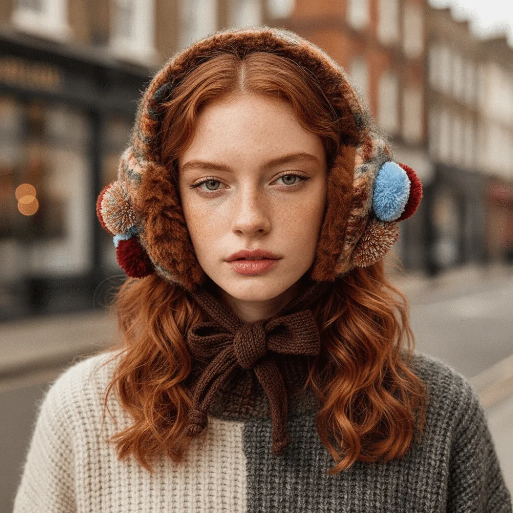 Brown Retro Knit Earmuffs Soft Thickened Lace Up Ear Warmer Windproof Color Block Vintage Pom Earmuff Women
