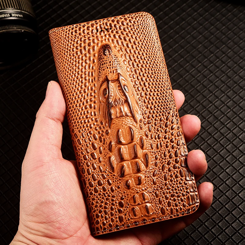 Crocodile 3D Head Genuine Leather Flip Case For iPhone 17 16 16e 15 14 13 12 11 8 7 X XS XR Pro Max Plus Card Slots Wallet Cover