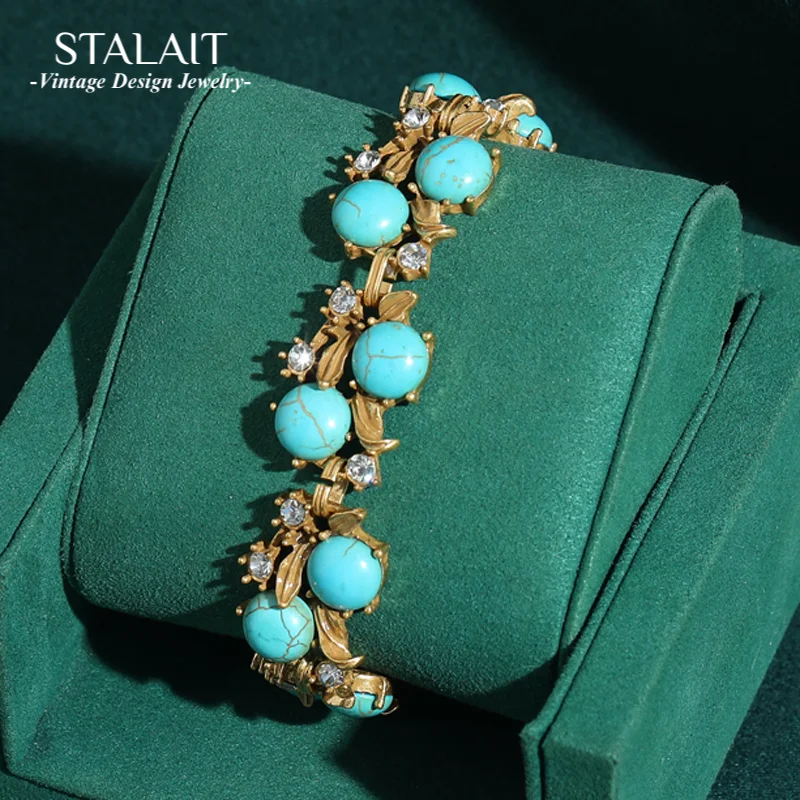 

Vintage Natural Stone Turquoise Bracelet Woman Blue Antique 18k Gold Plated Luxury Designer 2025 Trend Jewelry Christmas Gift