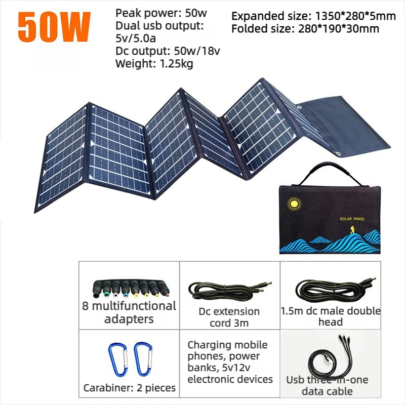 100W Solar Panel Folding Bag USB+DC Output Solar Charger Portable Foldable Solar Charging Device Outdoor Portable Power Supply
