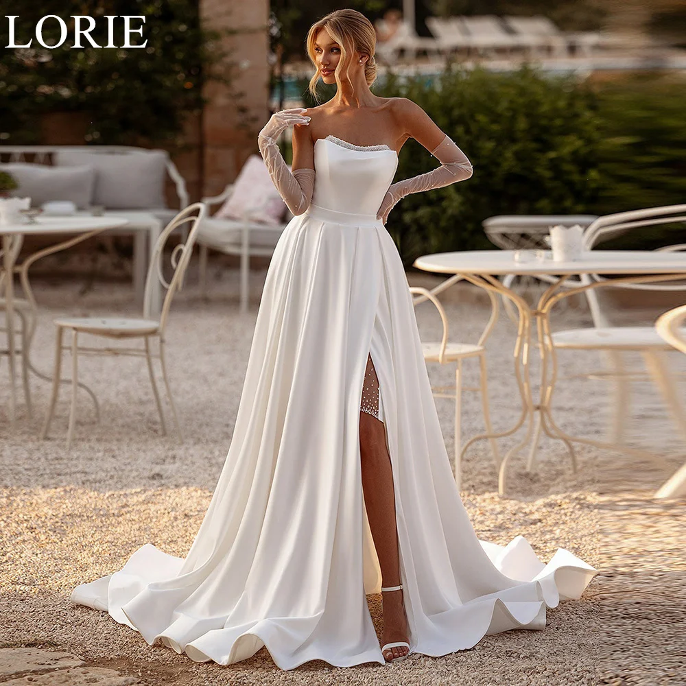 LORIE Elegant Short Wedding Dresses Beading Mermaid Strapless Ankle Length Detachable Train Side Slit Backless 2024 Bridal Gowns