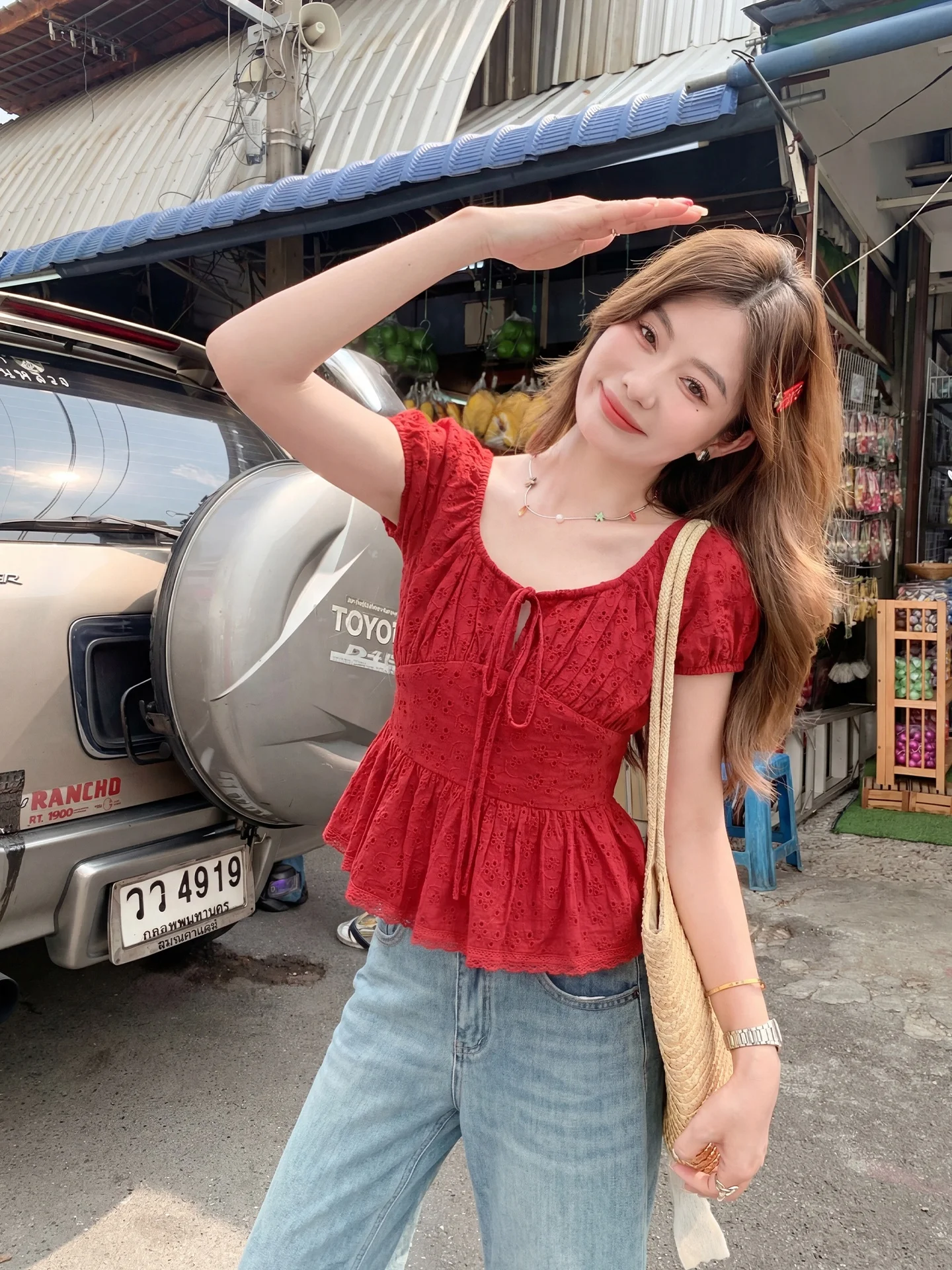 

Red Short Sleeve Shirt Women's Korean Style Bow Tie Bubble Sleeve Top Waist Cinched Summer Fashionable Women's Premium Shirt