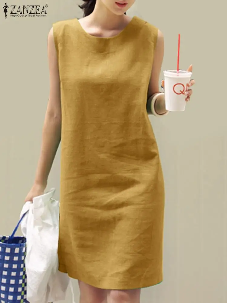2024 Summer Dress ZANZEA Fashion Sleeveless Beach Vestidos Office Work Sundress Women Elegant Solid Color Dresses Robe Femme