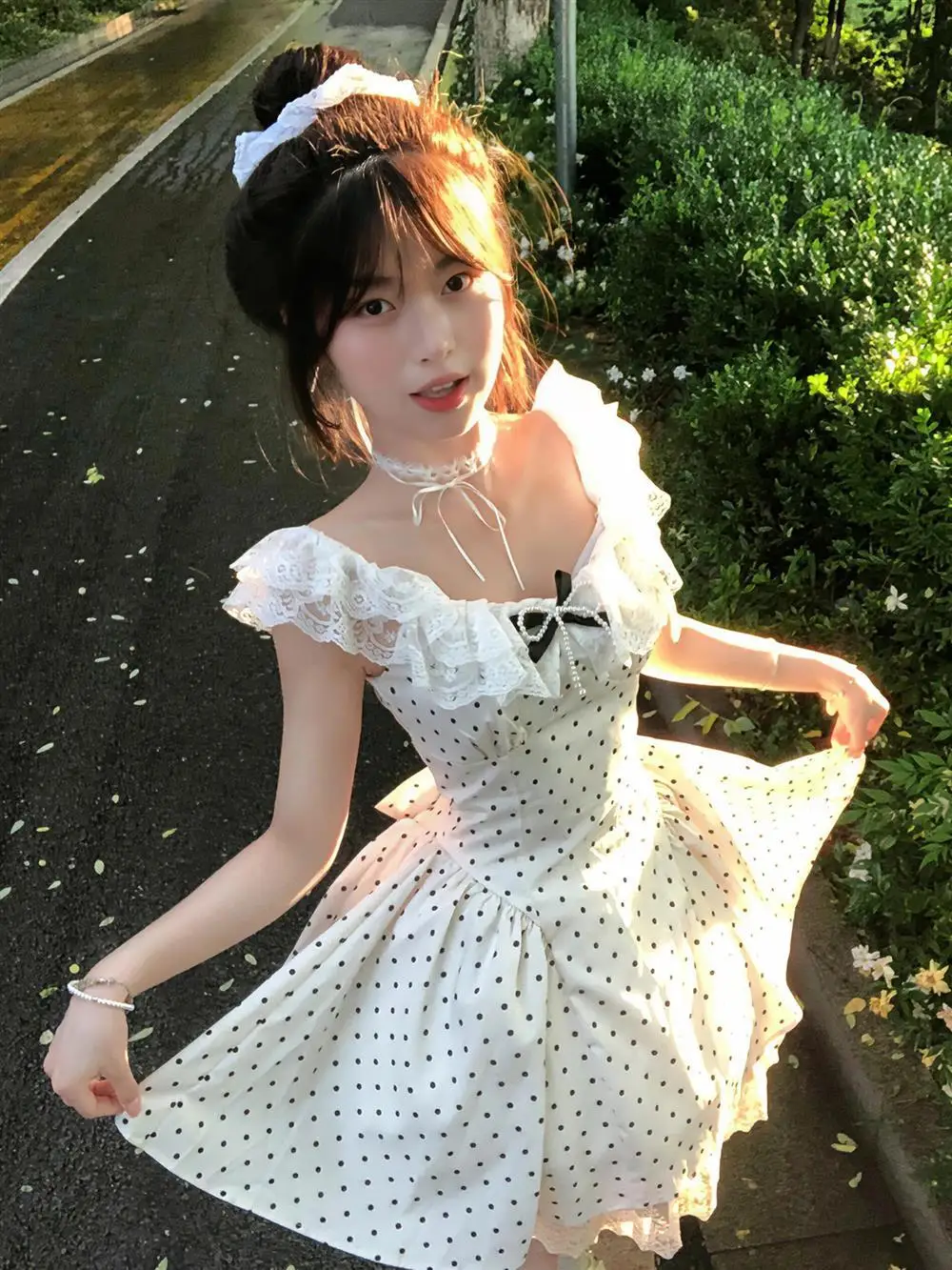 Miu Style Polka Dot Lace Splice Puffy Princess Dress Women Summer Pure Desire High Level Sensation Strapless Ball Gown