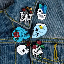 Flower Skull Enamel Pins Collection Skeleton Head Rose Lapel Pin Love and Death Badges Romantic Brooch Jewelry Gift for Friends