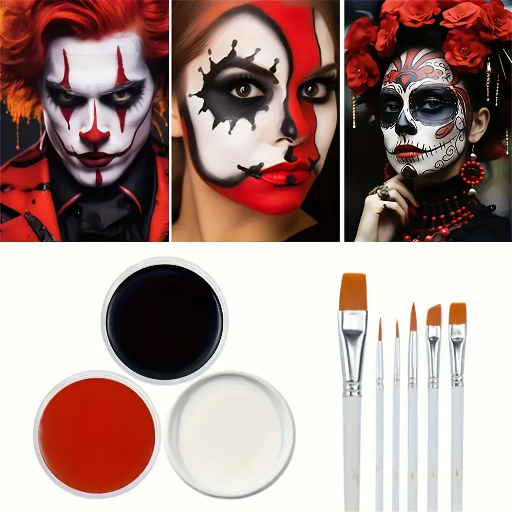 1pc/3 Boxes of Dark Black Red White Oil Paint + 6 Brushes Facial and Body Painting Set for Art Theater Halloween Party Role