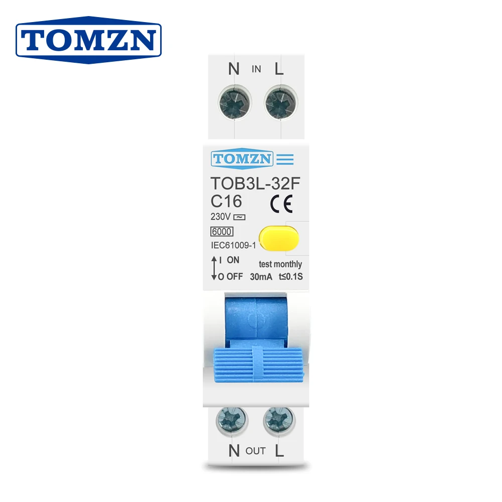 TOMZN 18MM 230V 50/60Hz RCBO 1P+N 6kA Residual Current Differential Auto Circuit Breaker With Over Current Leakage Protection