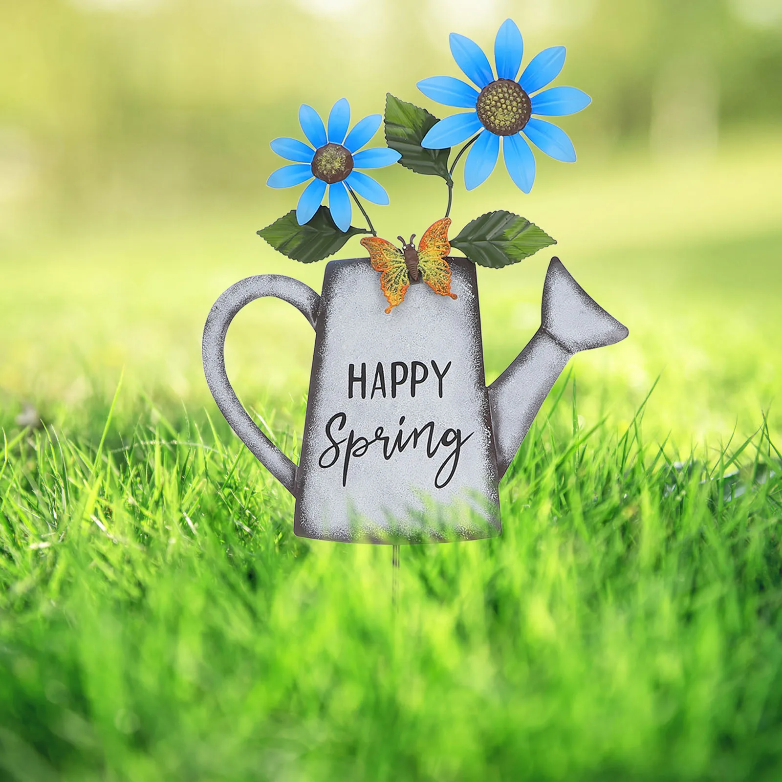 

Iron Kettle Stakes Outside Pathway Patio naments Decorative Metal Pathway Lawn Ground Inserted Florist Watering Can