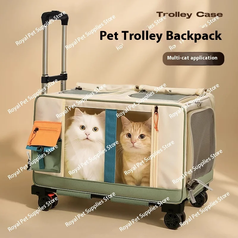 

Большая переноска для домашних животных для кошек и собак с прозрачными окнами, двойными лямками и дорожной тележкой, дышащая уличная конструкция