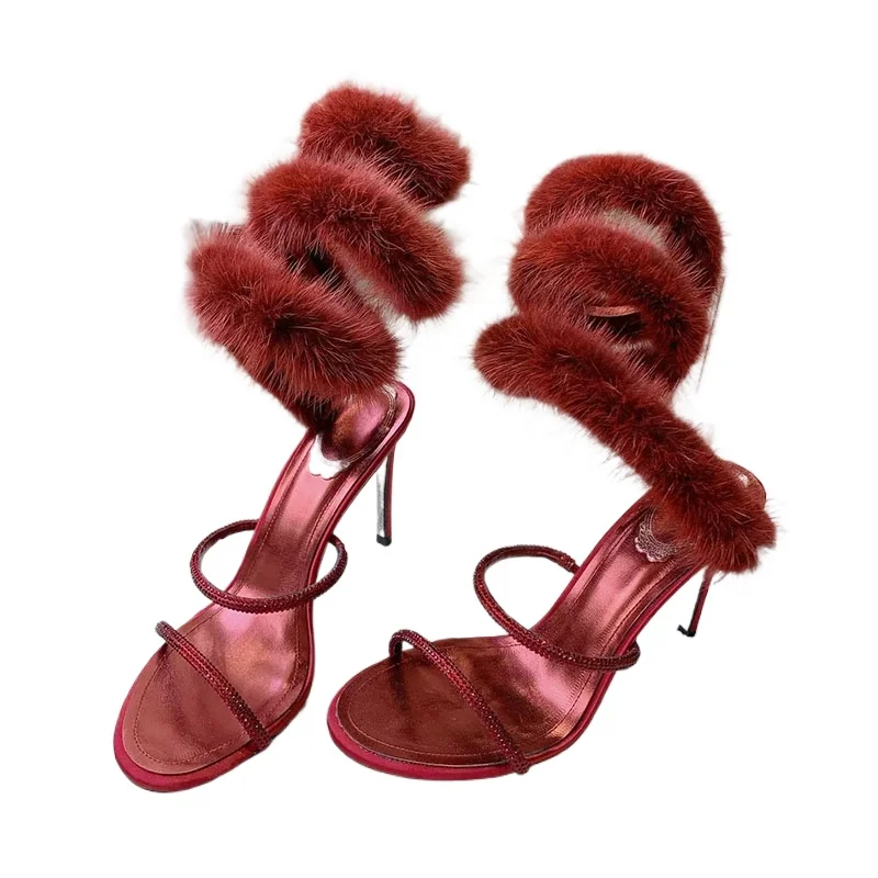 

Dress Shoes Women Fur Decor Ankle Snake Twine Around High Heels Sandals Summer Glittering Crystal Thin Heels Wedding Shoes