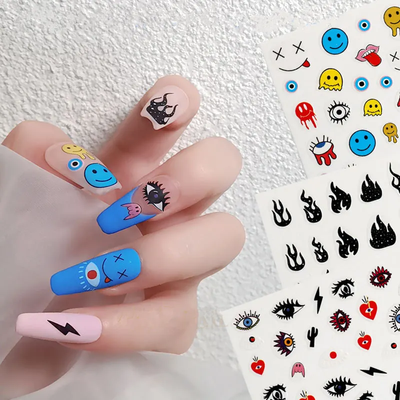 1pc Eyes Design 3D Nail Stickers Cute Smile Face Halloween Flame Slider Decals For Nail Art Decorations